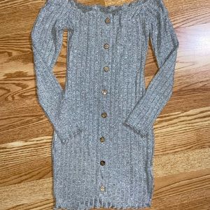 Button front lettuce trim rib knit dress